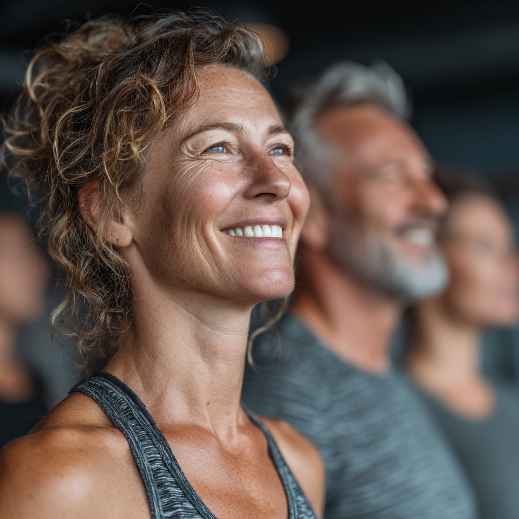 Group of diverse people aged 40-55 doing functional fitness exercises together in a bright, modern gym space, all smiling and engaged