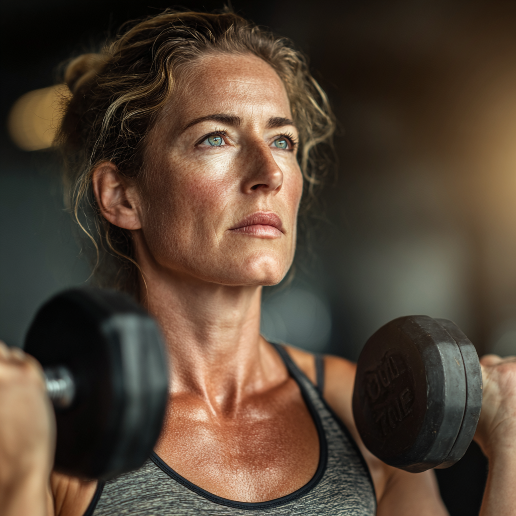 Middle-aged woman in her 40s doing strength training with dumbbells in a modern gym, focused and determined expression